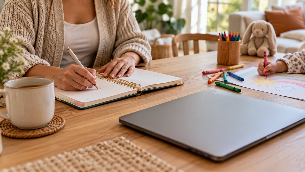 Mãos de uma mulher escrevendo em um caderno, com notebook fechado e materiais de desenho próximos.
