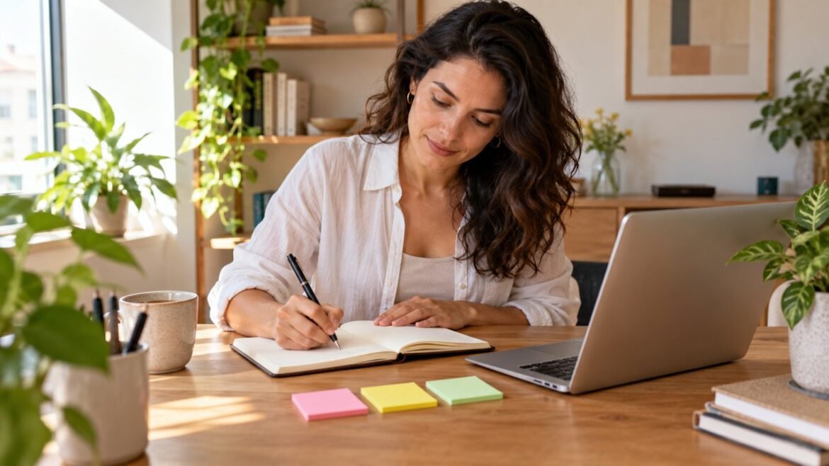 Profissional autônoma planejando o dia em um caderno com três blocos de notas ao lado.