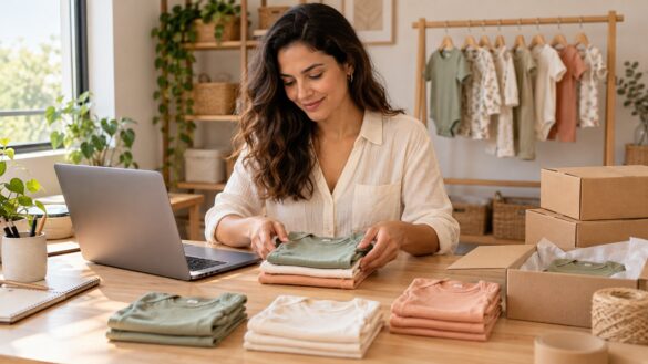 Empreendedora organizando uma loja virtual de roupas para bebês