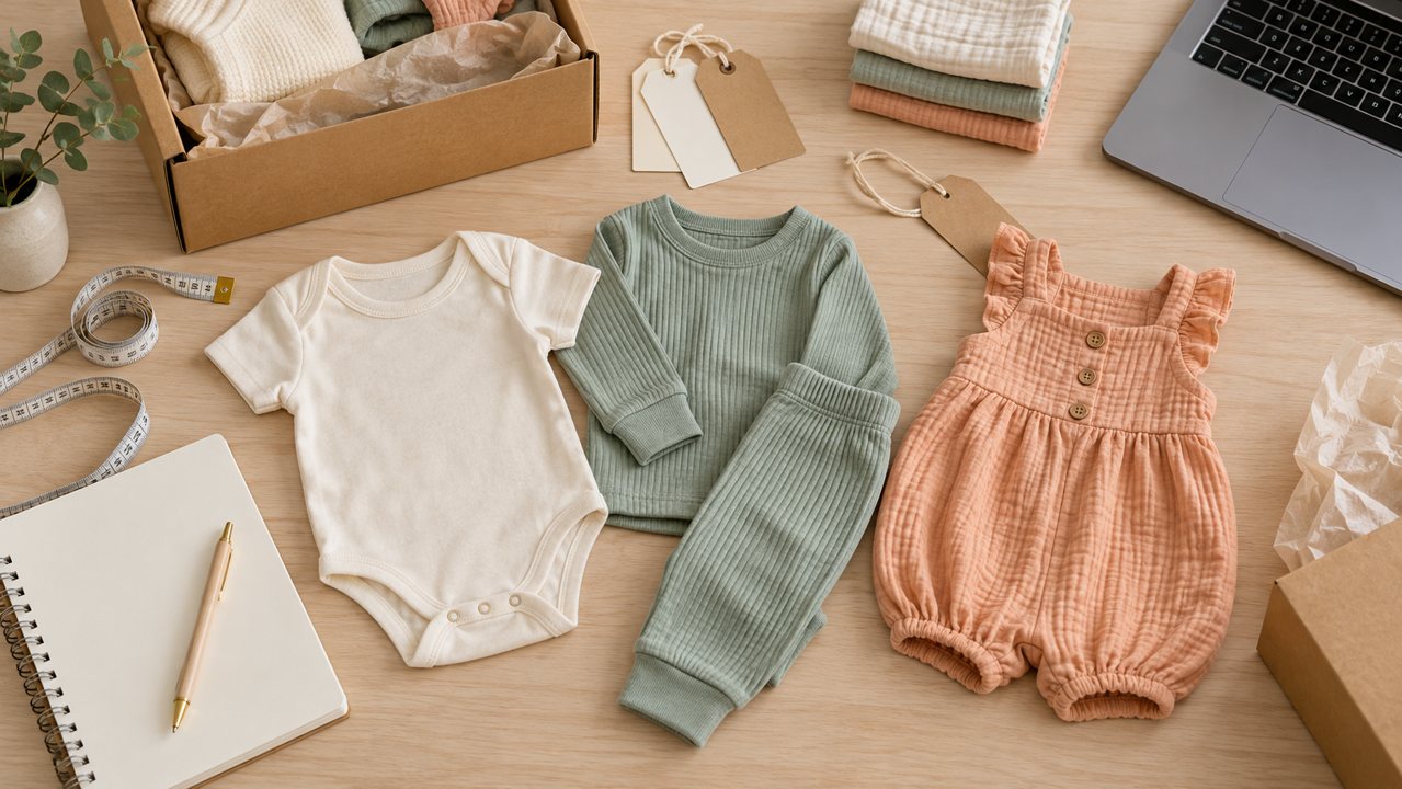 Roupas para bebês organizadas para planejar o catálogo da loja
