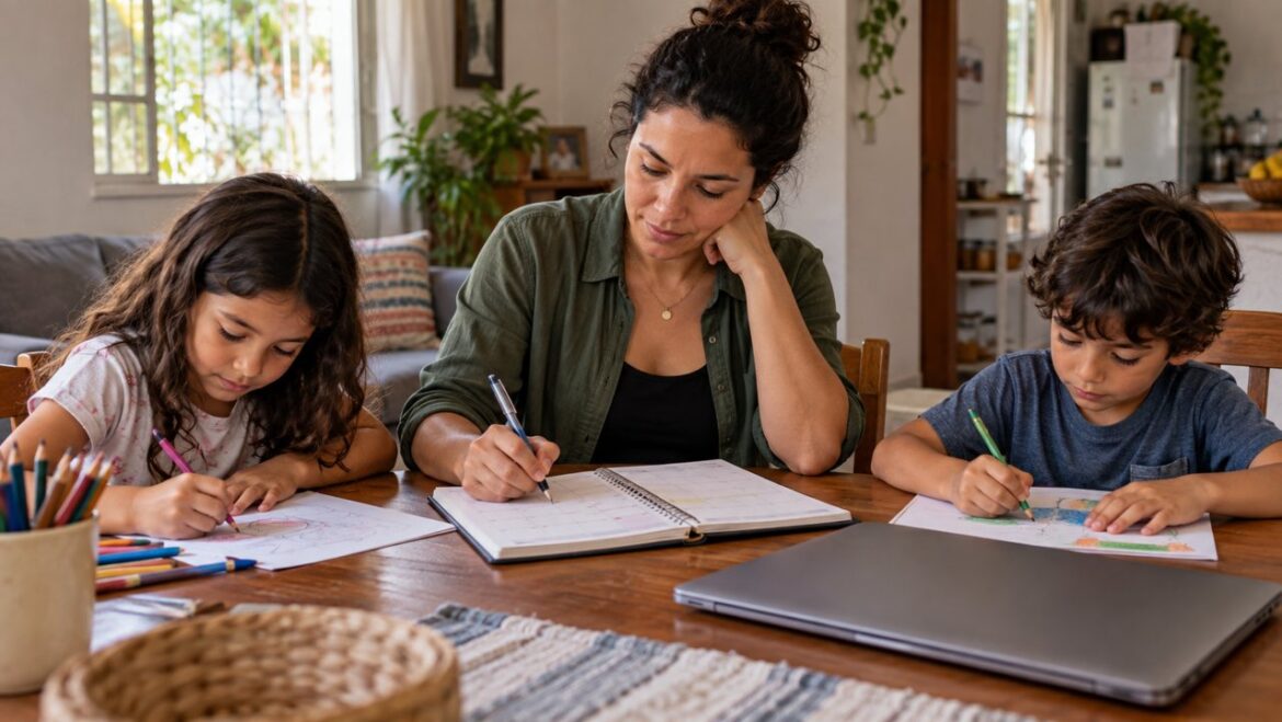 Mãe organizando um caderno de planejamento enquanto os filhos desenham à mesa