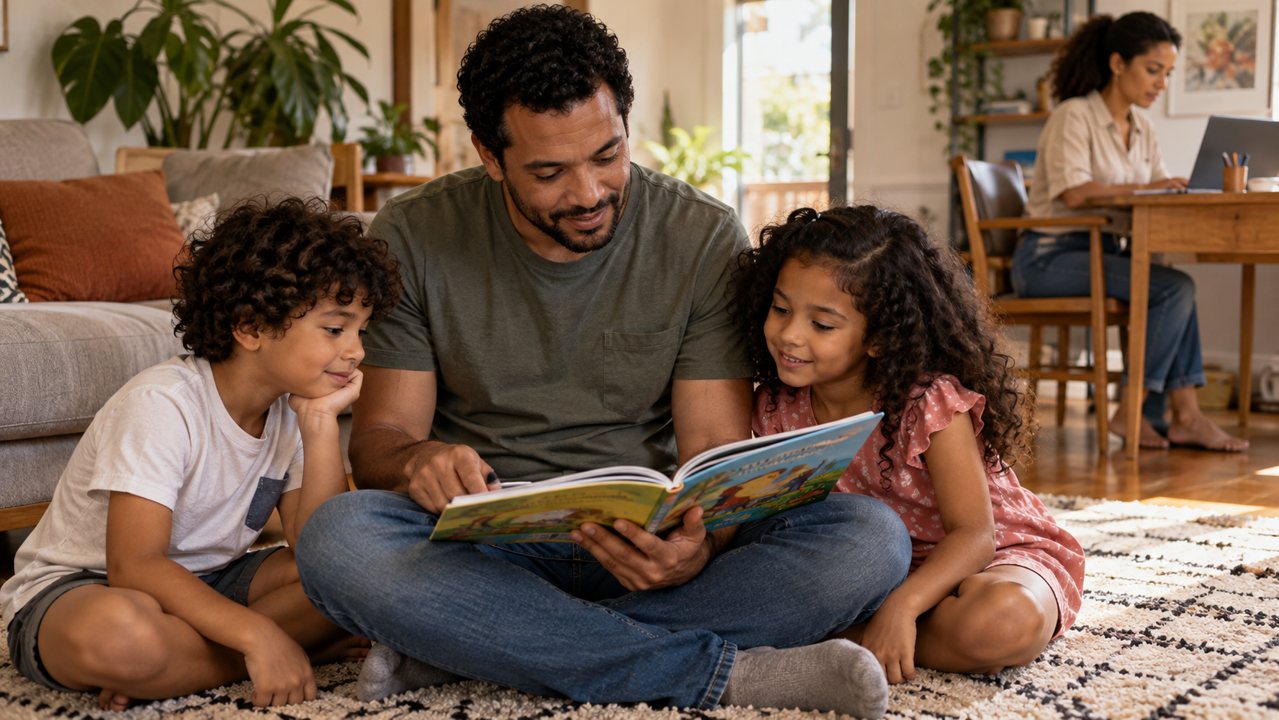 Pai lendo um livro com duas crianças enquanto a mãe trabalha ao fundo