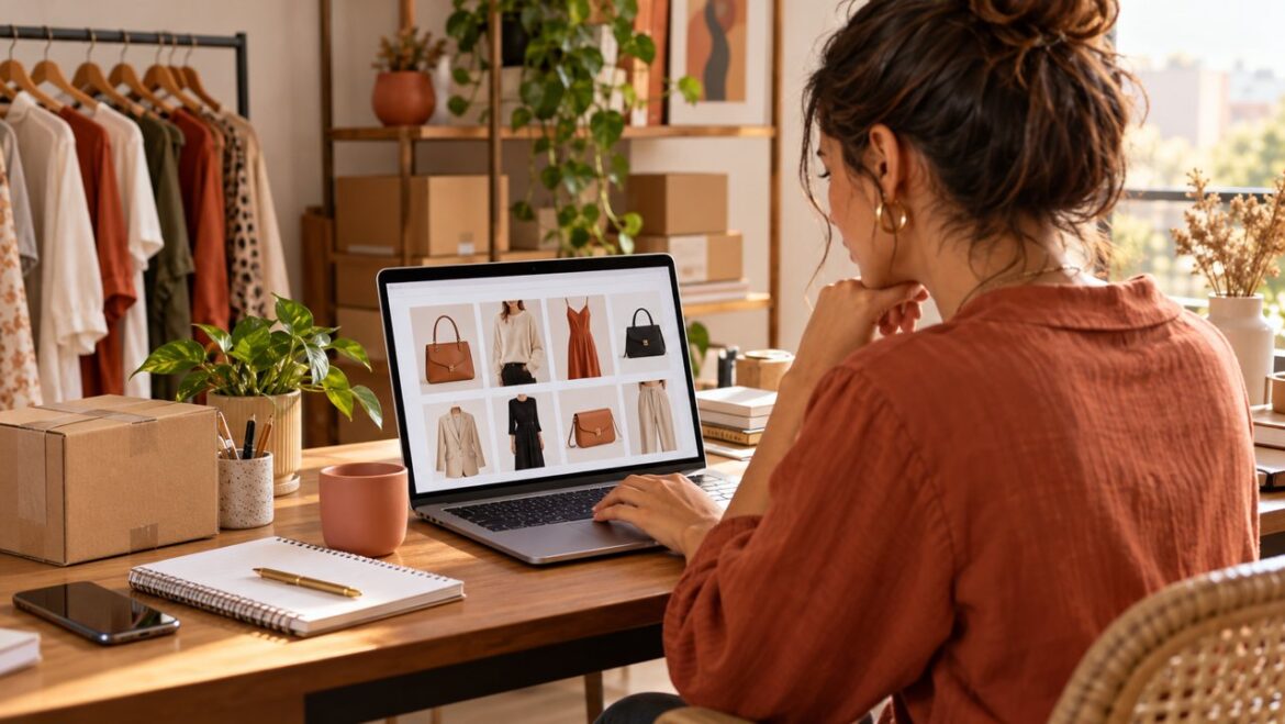 Empreendedora revisando o catálogo de uma loja virtual no notebook