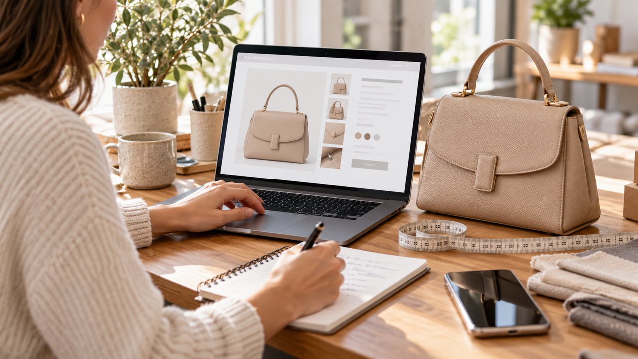 Revisão de página de produto com bolsa, fita métrica e notebook