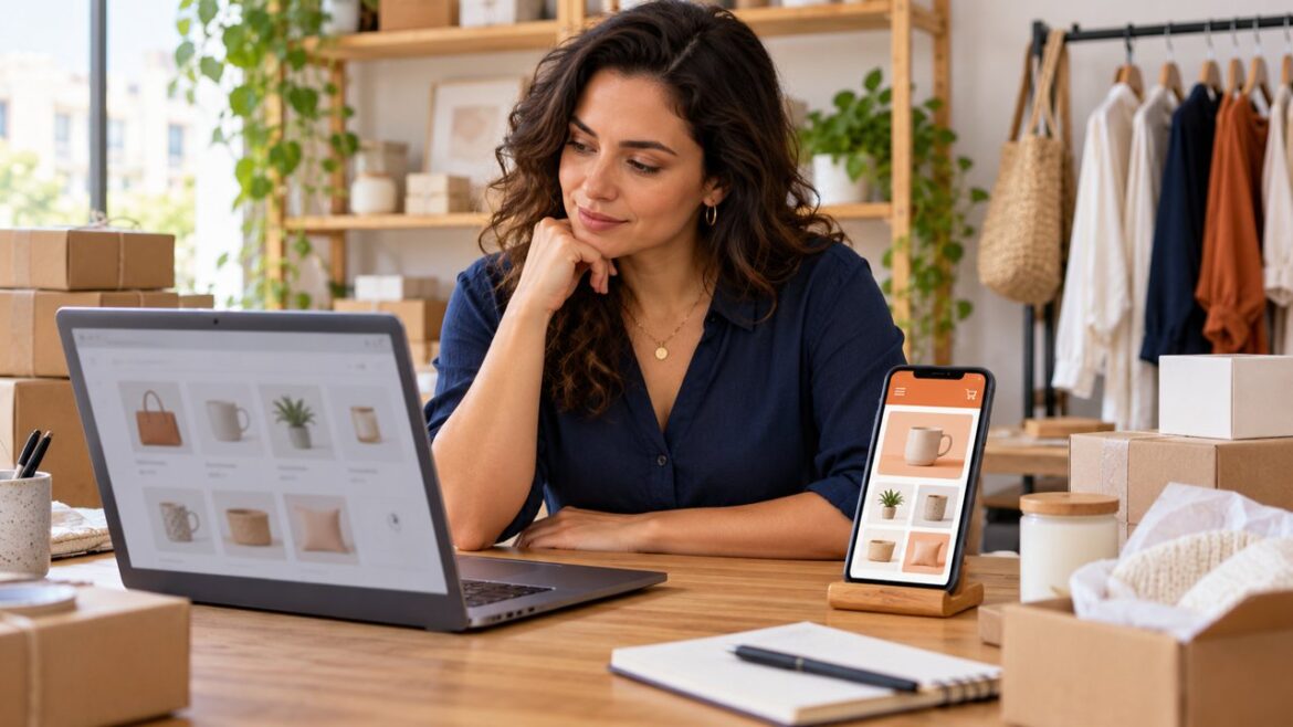 Empreendedora analisa um computador e um celular com vitrines virtuais ilustrativas.