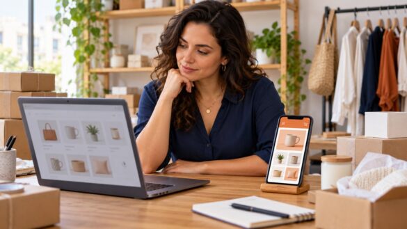 Empreendedora analisa um computador e um celular com vitrines virtuais ilustrativas.