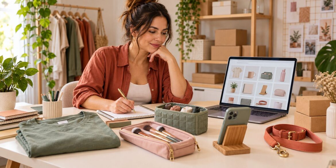 Empreendedora avaliando amostras de produtos para catálogo online em cena ilustrativa