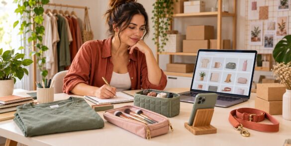 Empreendedora avaliando amostras de produtos para catálogo online em cena ilustrativa