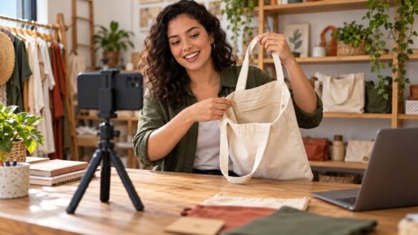 Empreendedora demonstrando o interior de uma bolsa diante de um celular em tripé