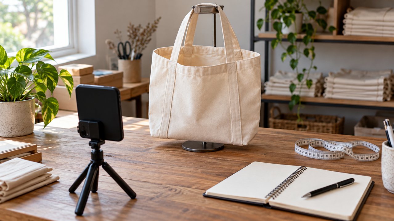 Bolsa de tecido em suporte junto a celular em tripé, fita métrica e caderno