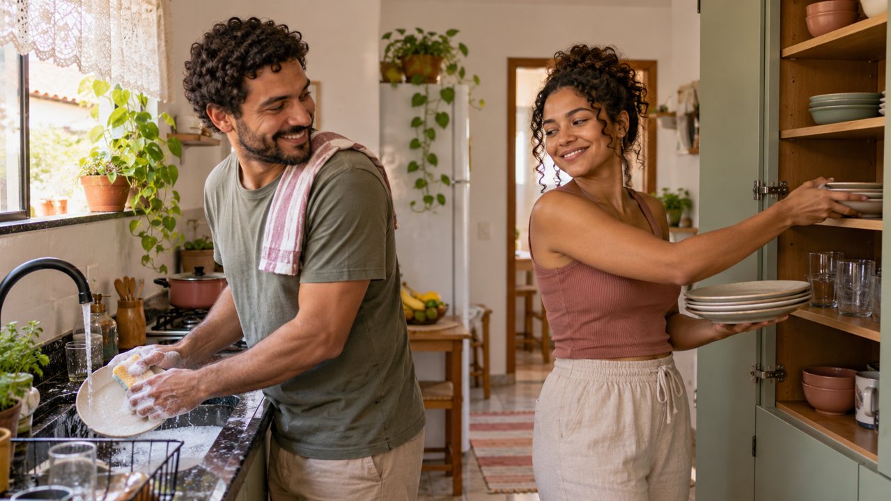 Casal compartilhando a organização da cozinha e da louça