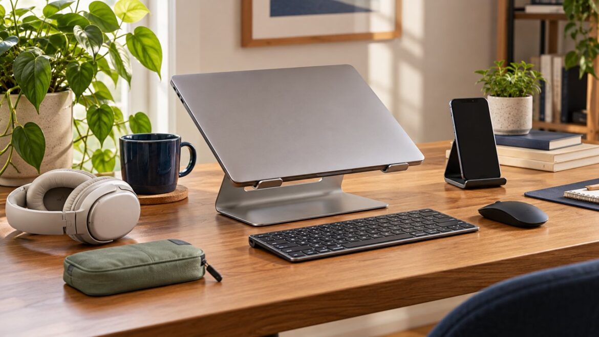 Composição ilustrativa de notebook, teclado, fone e acessórios em uma mesa de trabalho