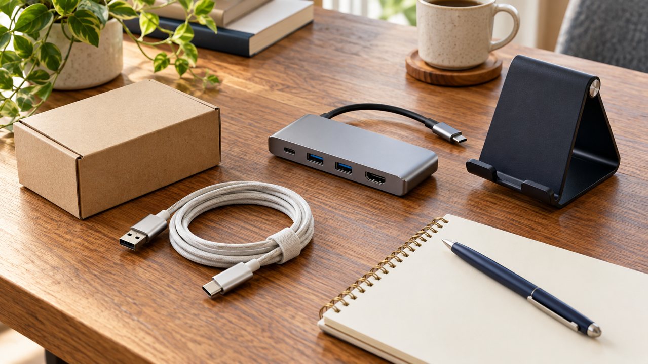 Cabo, adaptador, suporte e caderno sobre uma mesa de planejamento de produtos de tecnologia