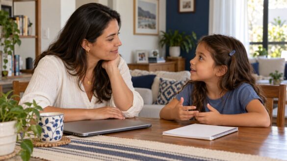 Mãe e filha conversam à mesa, com o computador fechado ao lado.