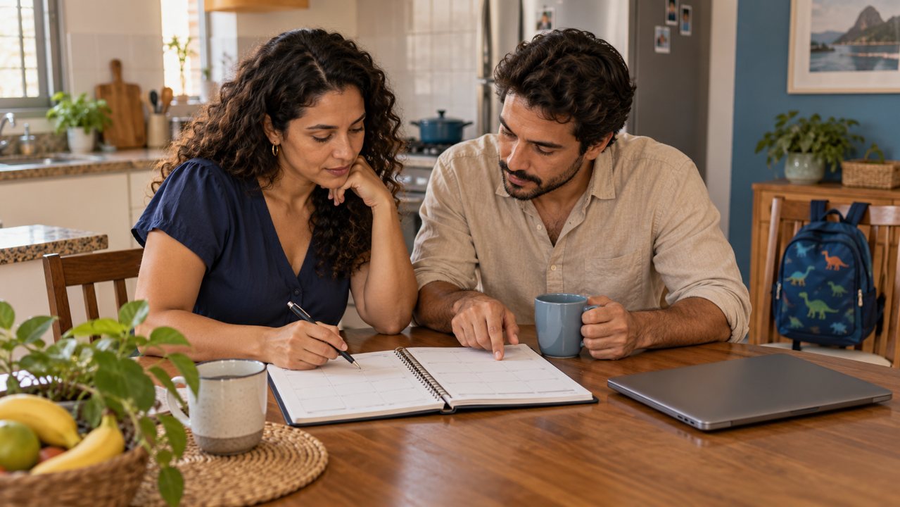 Casal conversa sobre uma agenda para organizar trabalho e responsabilidades familiares.
