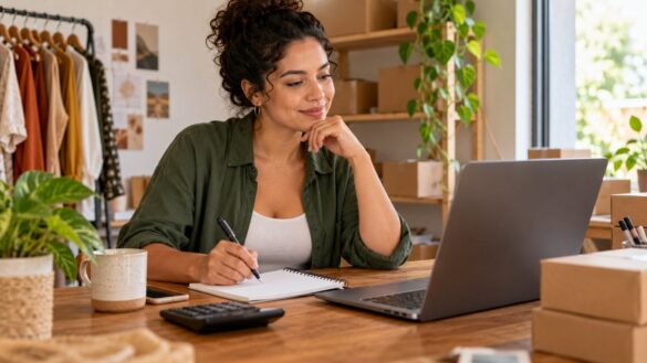Empreendedora planejando uma campanha no computador com caderno e calculadora