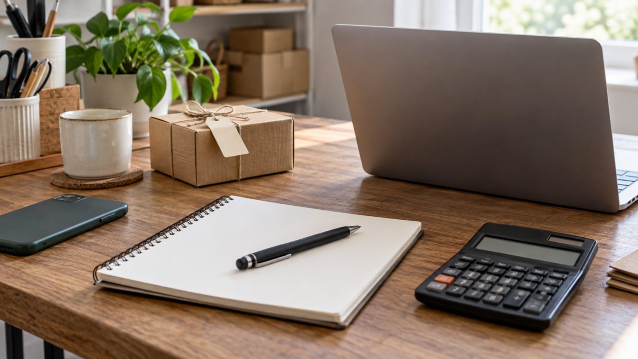 Caderno, calculadora, celular e computador em uma mesa de planejamento