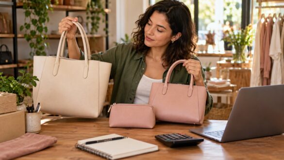 Empreendedora compara duas bolsas de tamanhos diferentes, com uma nécessaire sobre a mesa.