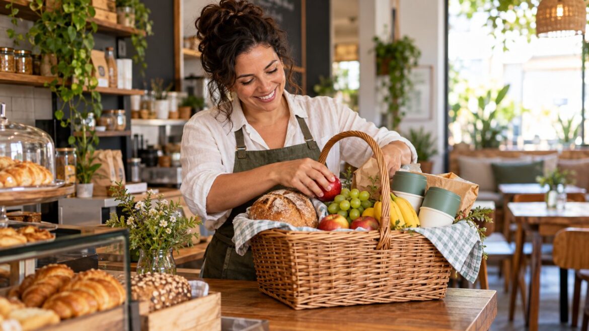 Empreendedora de cafeteria preparando uma cesta de alimentos para um piquenique