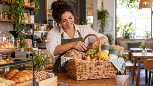 Empreendedora de cafeteria preparando uma cesta de alimentos para um piquenique