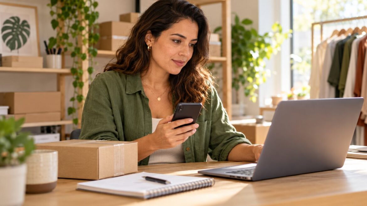 Empreendedora utilizando smartphone e notebook no atendimento de sua loja