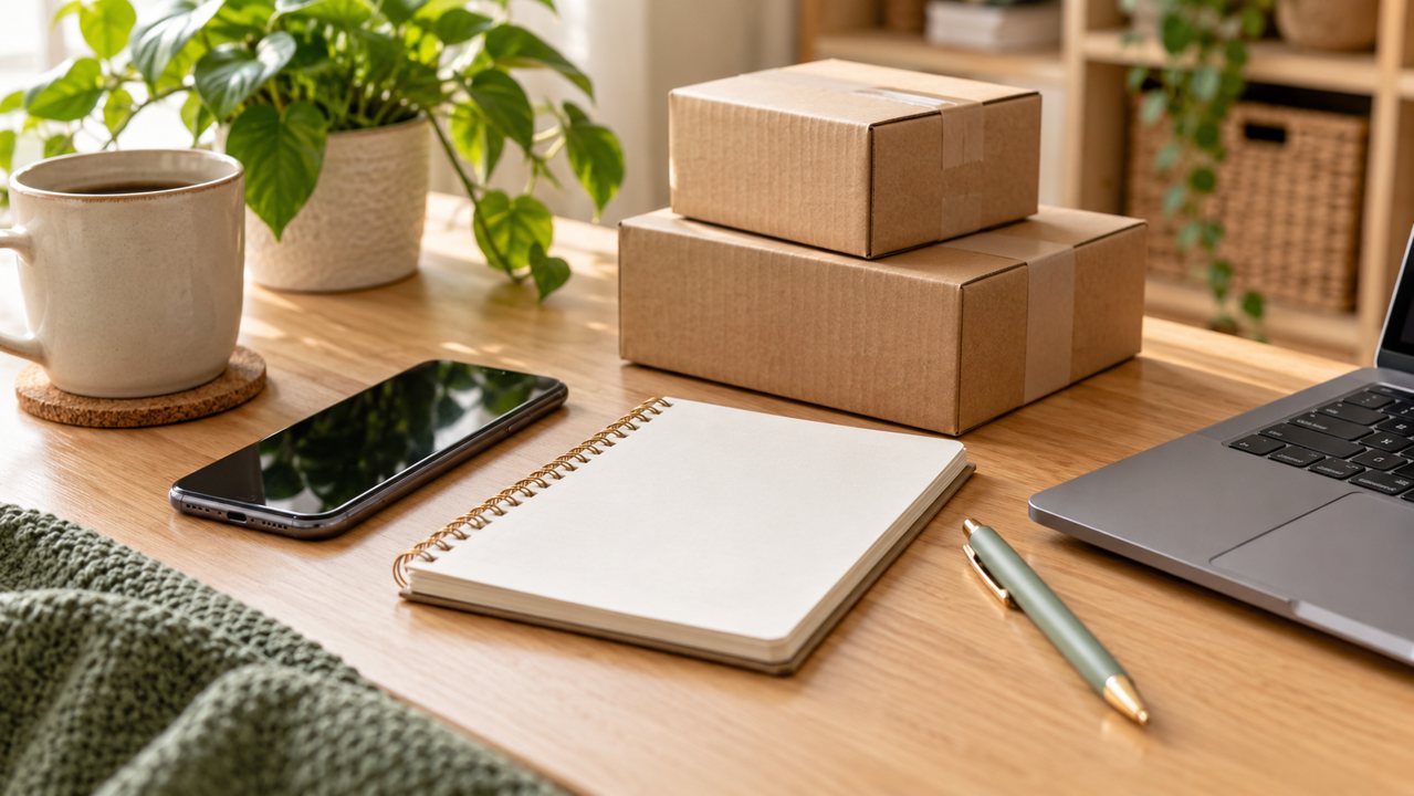 Smartphone, caderno e caixas de pedidos organizados em uma mesa de trabalho