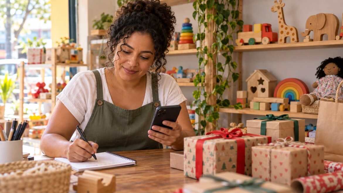 Empreendedora organizando ofertas com celular e caderno em uma loja de presentes