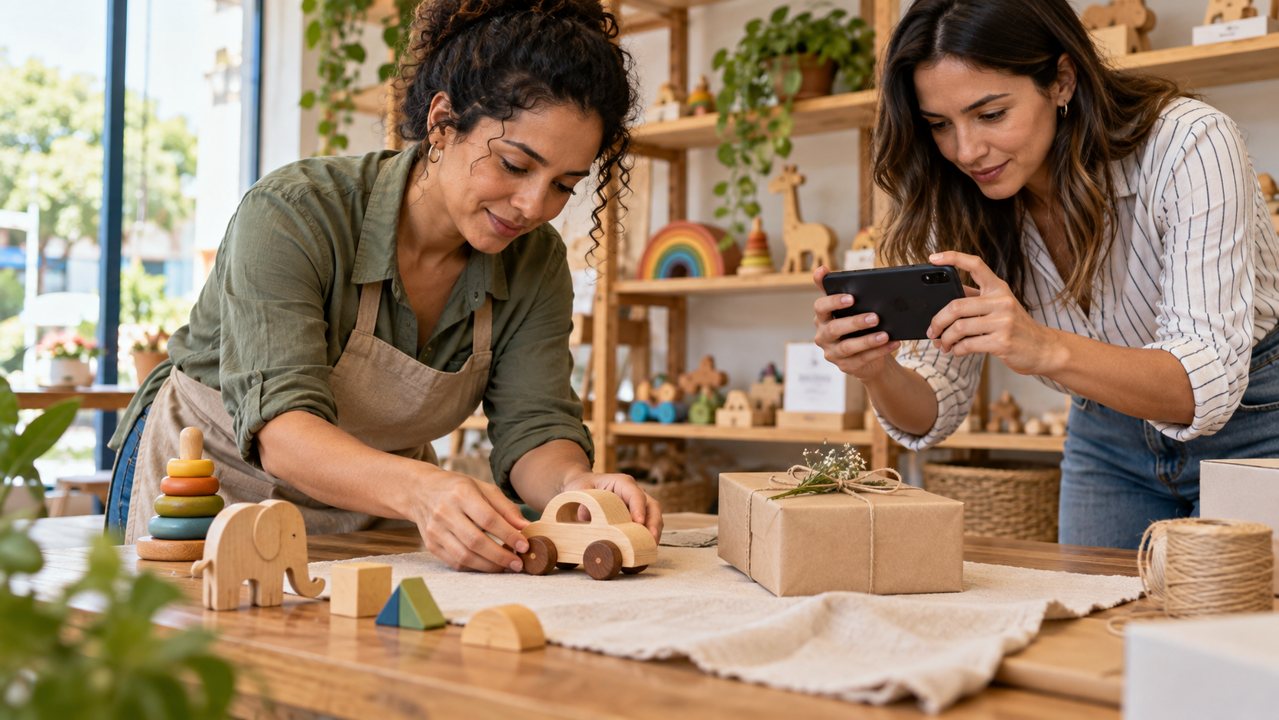 Duas profissionais preparando fotografias de brinquedos e um presente com celular